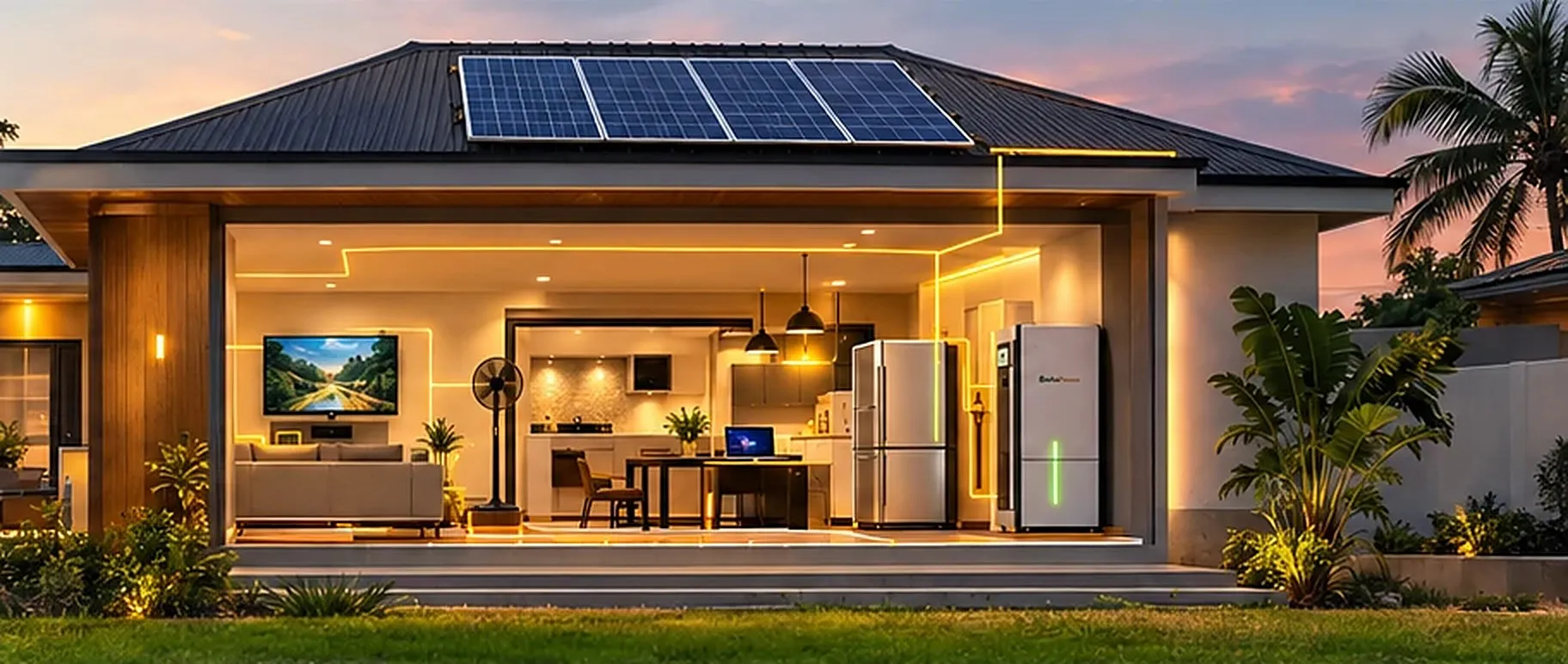A home powered by solar panels and battery storage at dusk