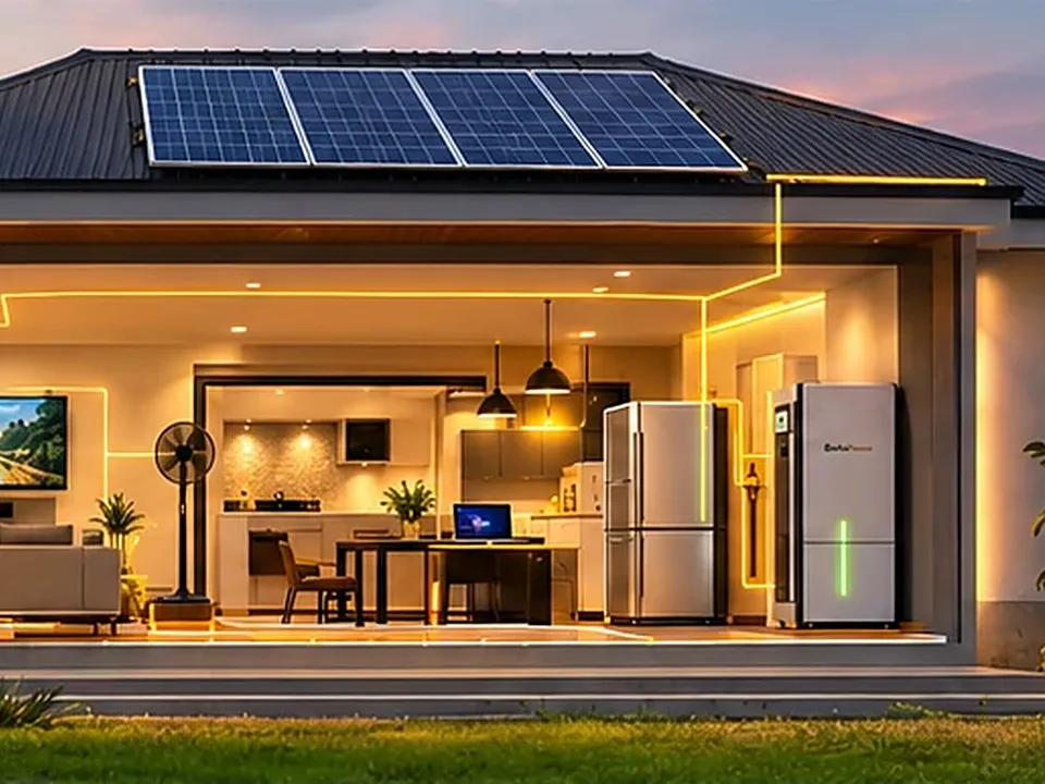 A home powered by solar panels and battery storage at dusk
